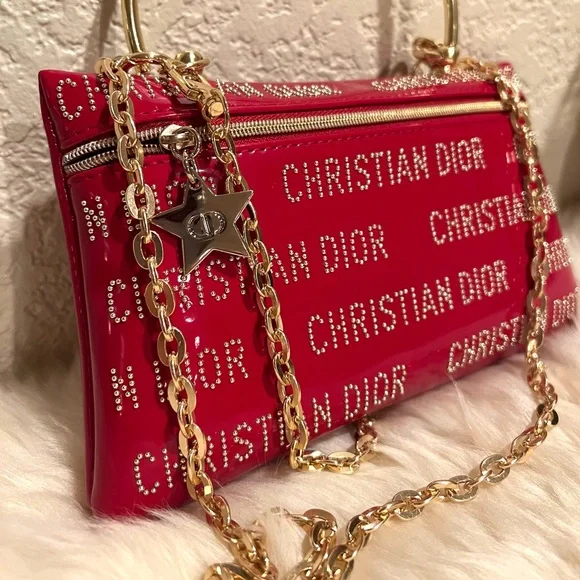 Dior Beauty Cosmetic Pouch to Crossbody Bag and Handbag Red Stud Patent Leather - Picture 3 of 16